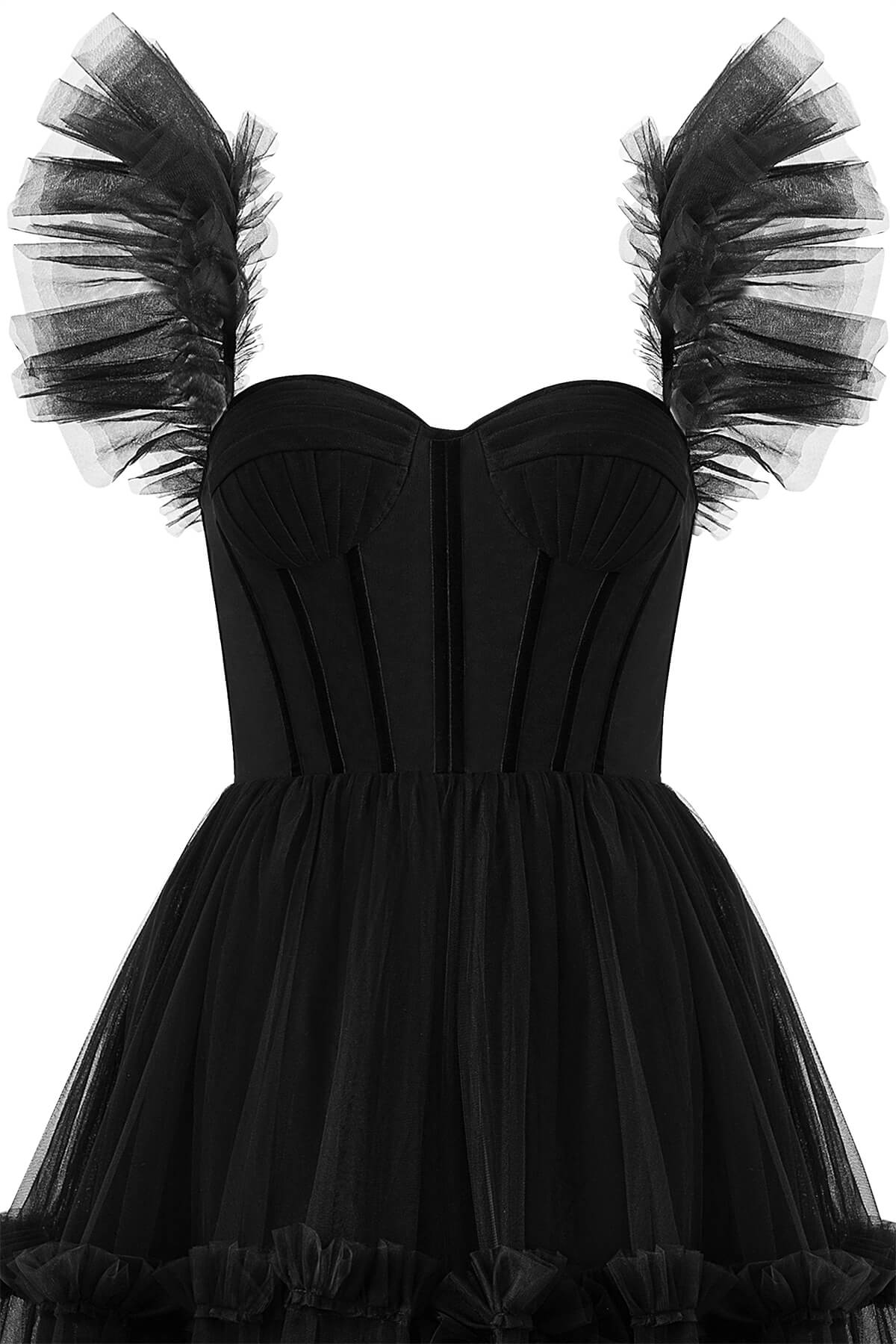 Vestido de fiesta de tul con volantes y corsé en forma de A