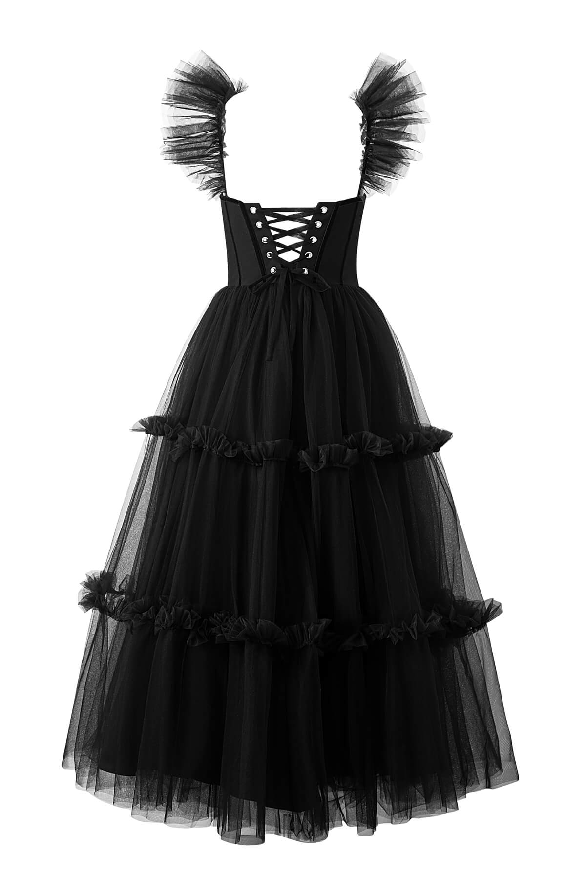 Vestido de fiesta de tul con volantes y corsé en forma de A