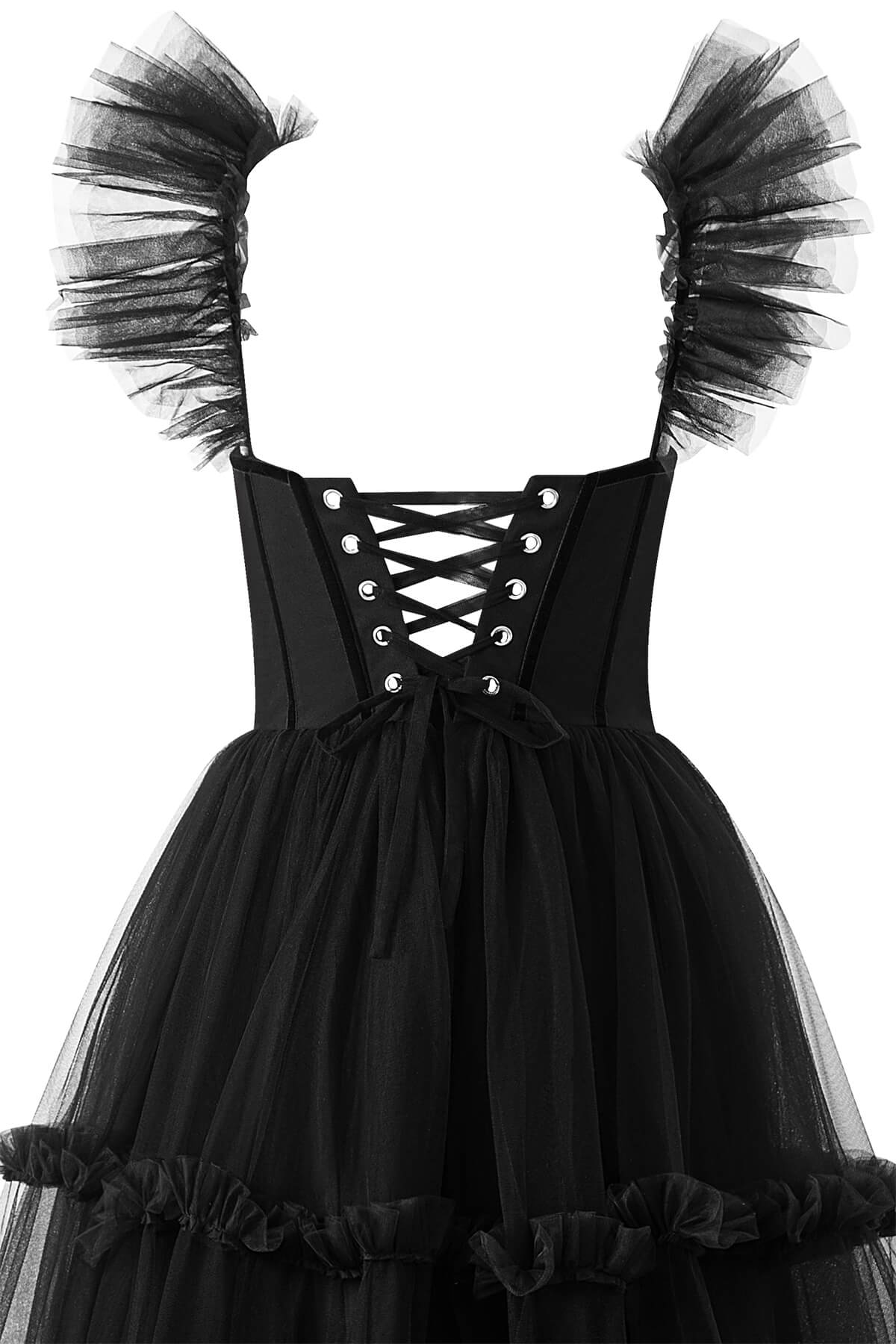Vestido de fiesta de tul con volantes y corsé en forma de A