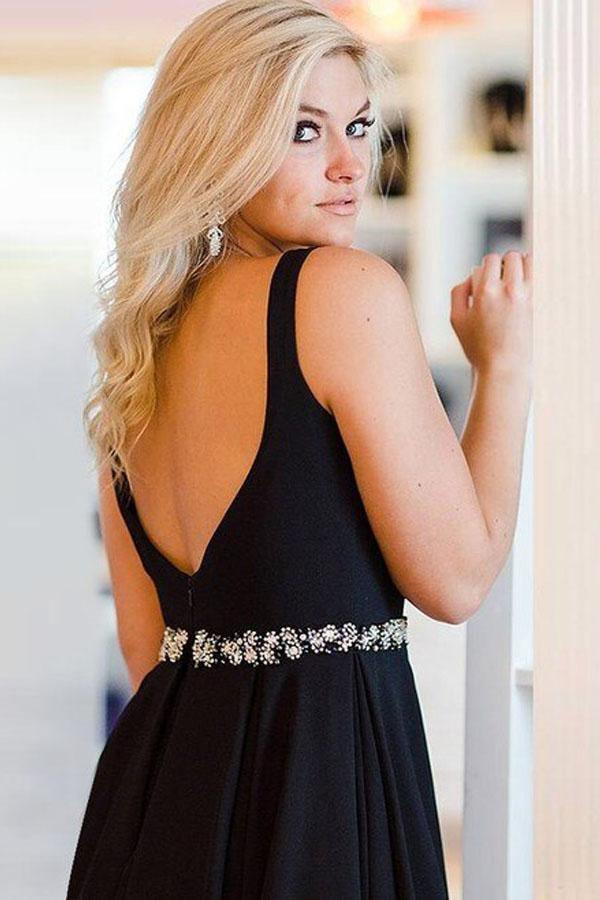 Schwarze Satin-Träger, kurzes Ballkleid, Homecoming-Kleid mit Kristall