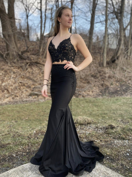 Vestido de graduación de satén con encaje y escote en V, largo, sirena, negro, de dos piezas