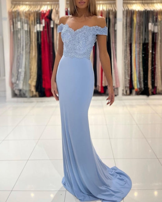 Blue Off-the-shoulder Long Mermaid Prom Dresses With Lace