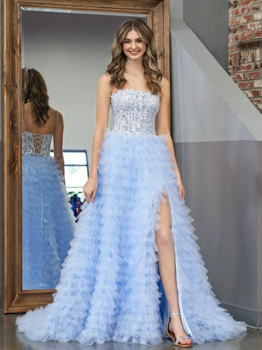 Vestido de fiesta largo de tul con lentejuelas escalonadas en azul cielo