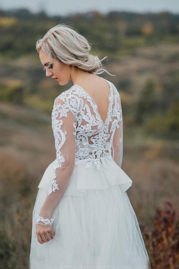Boho Wedding Dress V Back Bridal Lace Gown Separates Wedding Dress