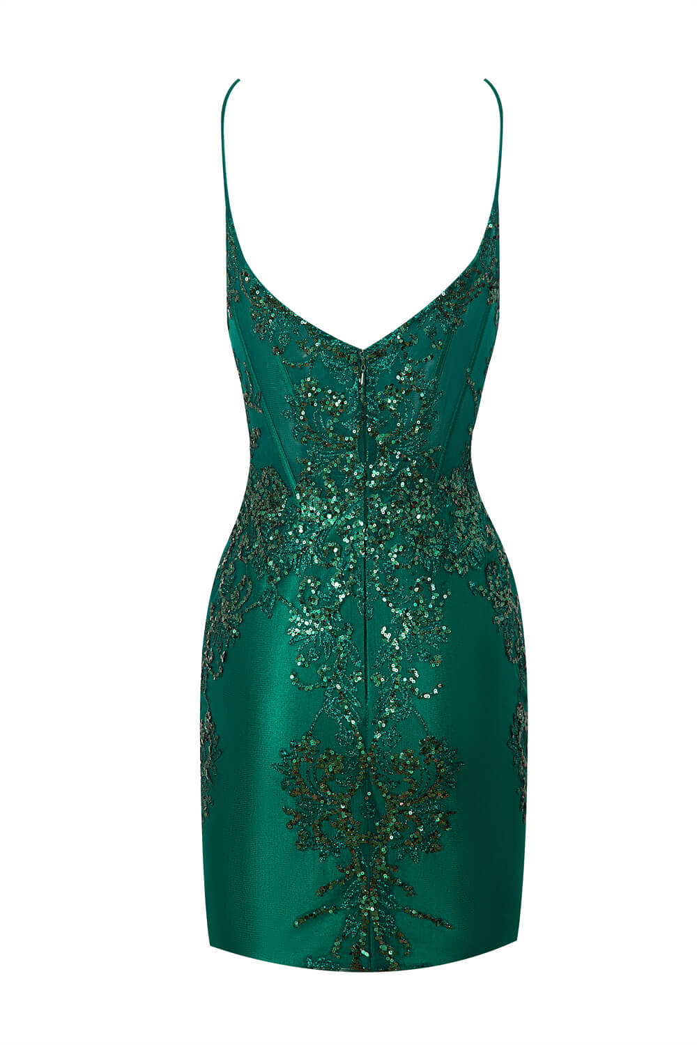 Vestido de fiesta de satén con escote en V corto y apliques
