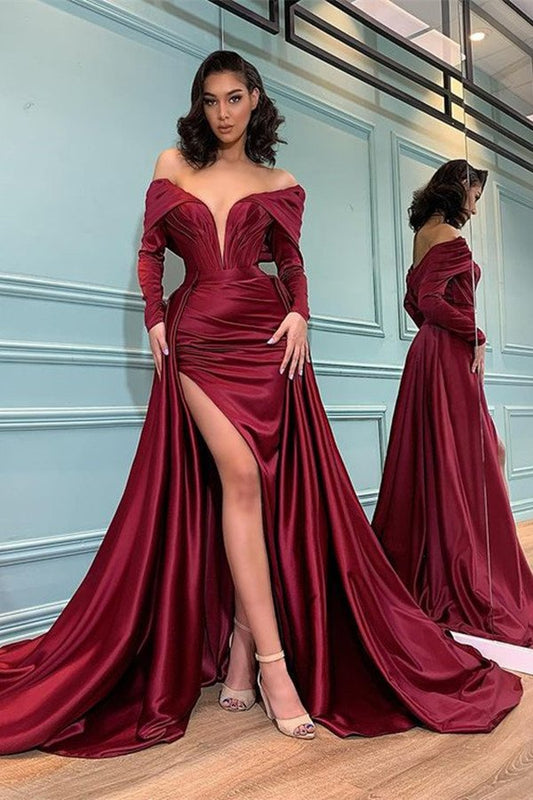 Burgunderrotes, langärmliges, schulterfreies Meerjungfrauen-Ballkleid mit Schlitz