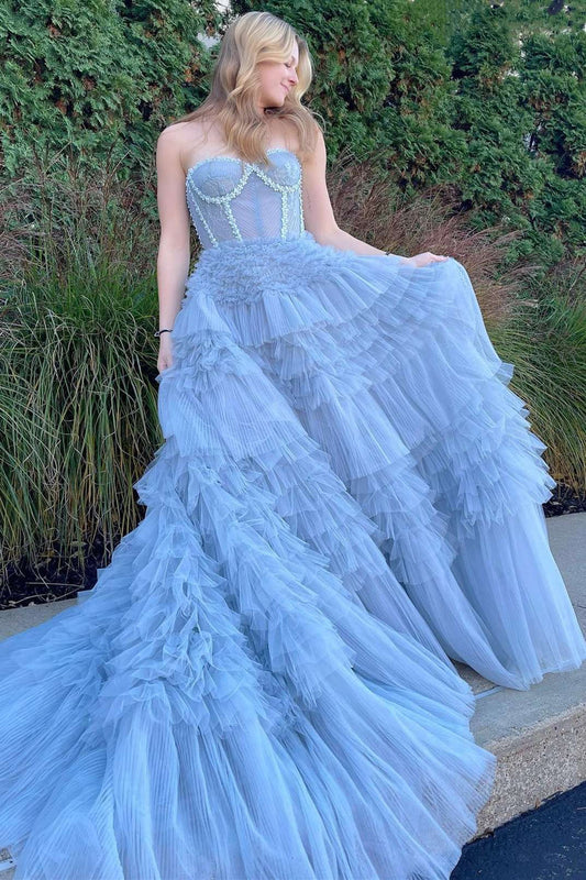 Vestido de fiesta de tul con capas, corte princesa, sin tirantes y corte A