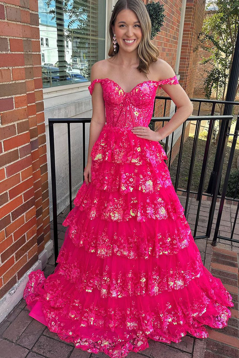 Vestido de fiesta de princesa con encaje y lentejuelas y hombros descubiertos