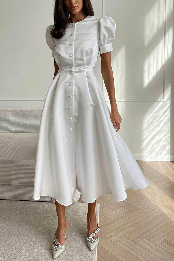 Schickes und klassisches Midikleid mit Puffärmeln, Perlenknöpfen und Schlitz