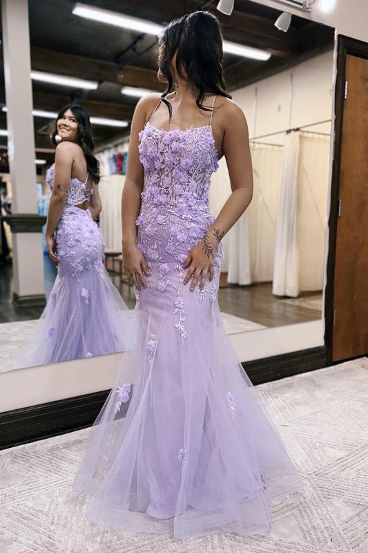 Vestido de fiesta de sirena lila con escote redondo y apliques