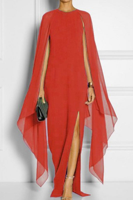 Vestido de noche elegante de estilo británico con abertura sólida y cuello redondo