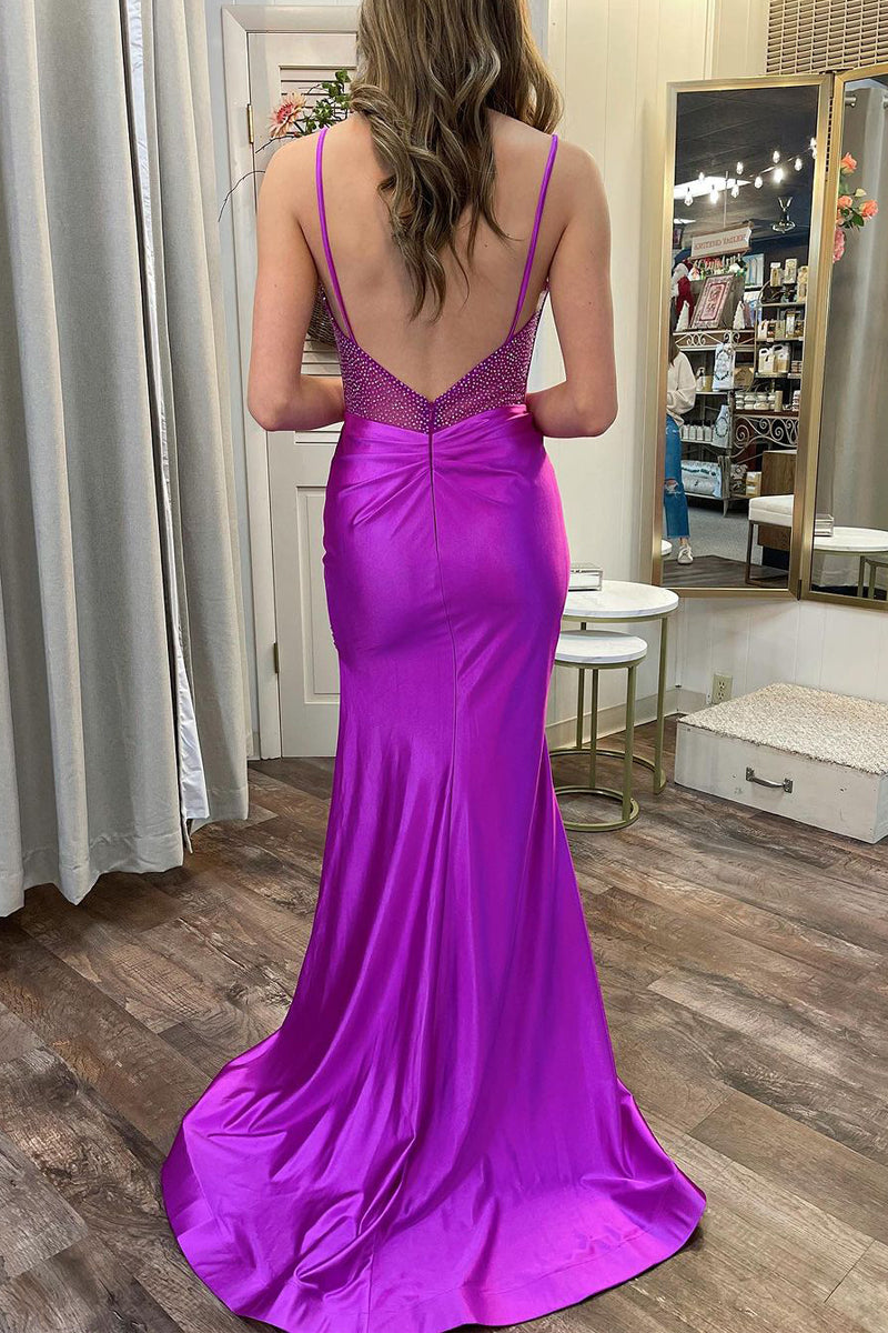 Vestidos de fiesta largos de sirena de satén con escote en forma de corazón y abertura en color morado
