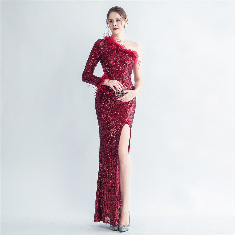 Craft Ostrich Feather Diagonal Shoulder Roman Collar Evening Dress