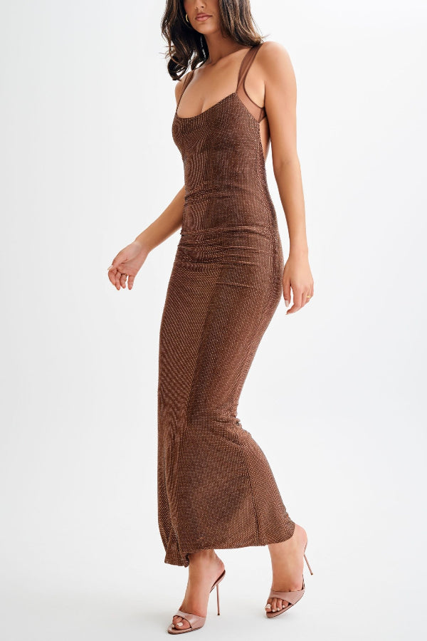 Midnight Fantasy Stretch-Maxikleid mit Pailletten und Netzstoff-Schultergurten und offenem Rücken