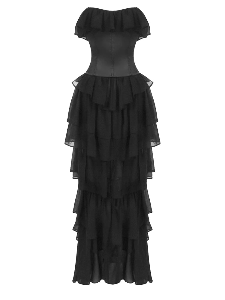 Vestido vintage negro sin tirantes y con volantes: vestido de noche transparente que ceñió la cintura para galas y pasarelas.
