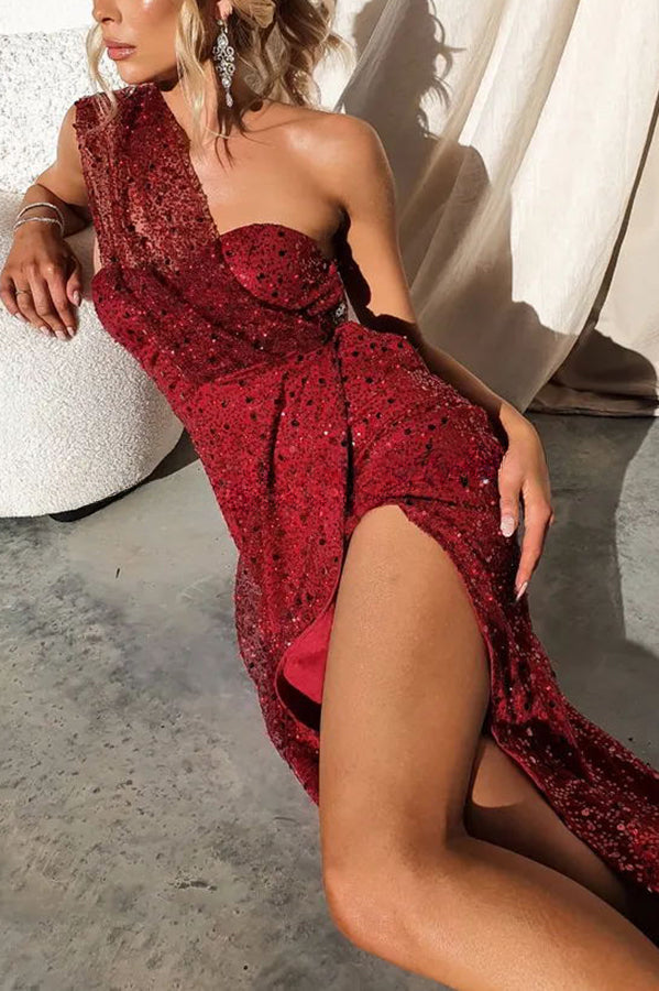 Sights on You – Paillettenbesetztes Party-Maxikleid mit One-Shoulder-Träger und Schlitz