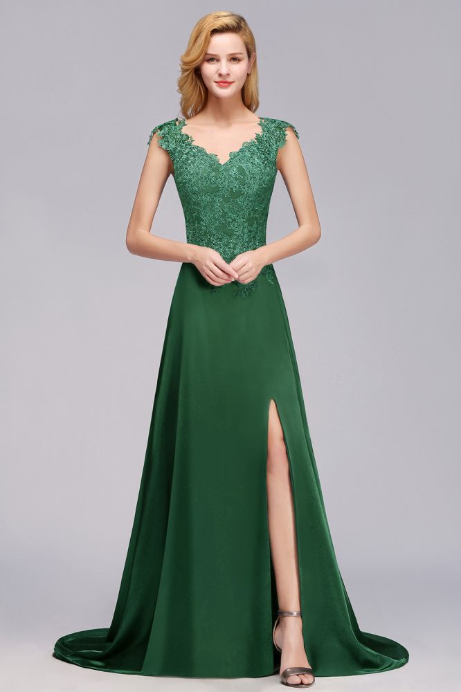 Brautjungfernkleid mit Flügelärmeln und A-Linien-Applikationen, grünes, seitlich geschlitztes Hochzeitspartykleid mit Schleppe