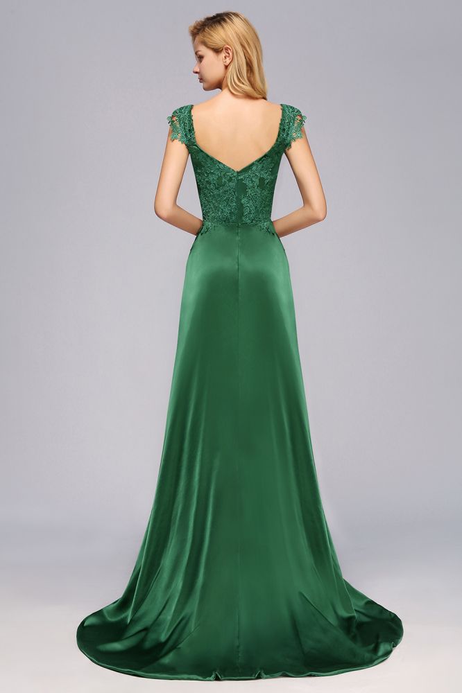Brautjungfernkleid mit Flügelärmeln und A-Linien-Applikationen, grünes, seitlich geschlitztes Hochzeitspartykleid mit Schleppe