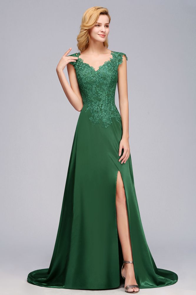 Brautjungfernkleid mit Flügelärmeln und A-Linien-Applikationen, grünes, seitlich geschlitztes Hochzeitspartykleid mit Schleppe