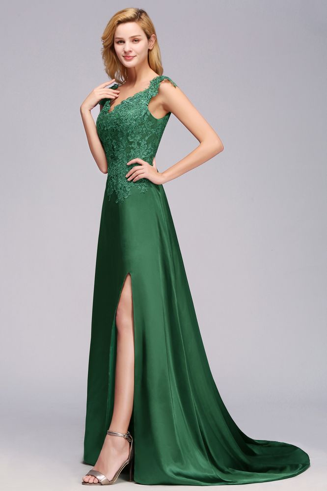 Brautjungfernkleid mit Flügelärmeln und A-Linien-Applikationen, grünes, seitlich geschlitztes Hochzeitspartykleid mit Schleppe