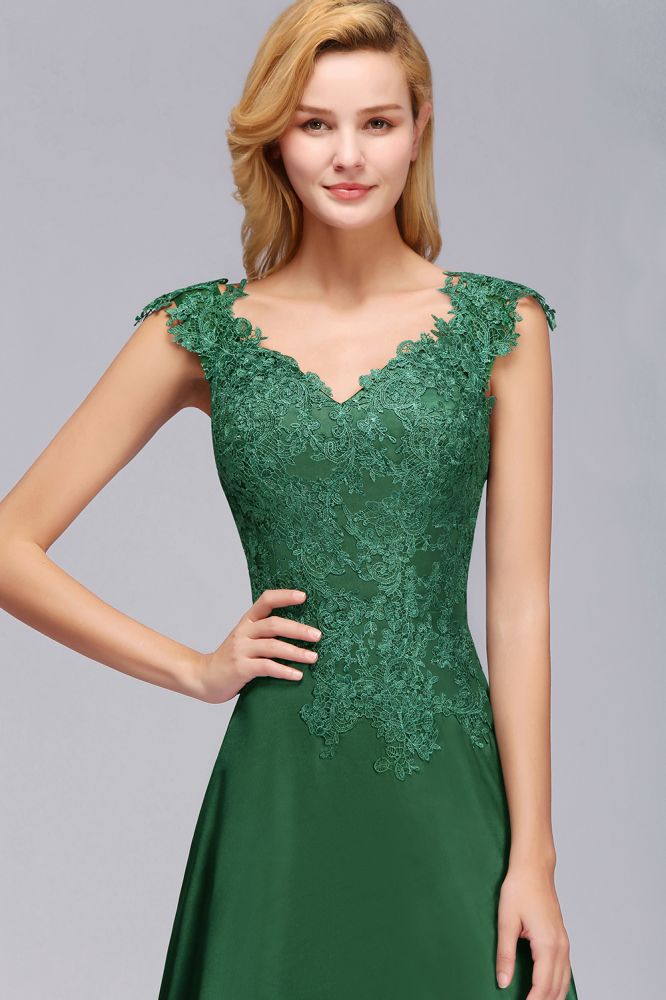 Brautjungfernkleid mit Flügelärmeln und A-Linien-Applikationen, grünes, seitlich geschlitztes Hochzeitspartykleid mit Schleppe