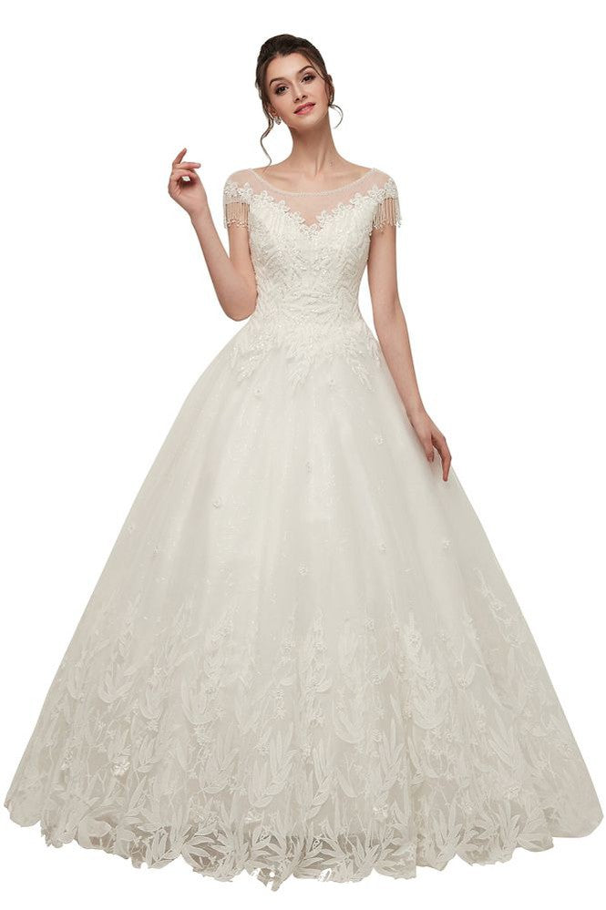 Cap Sleeves A-line Scoop Floor Length Lace Appliques Wedding Dresses