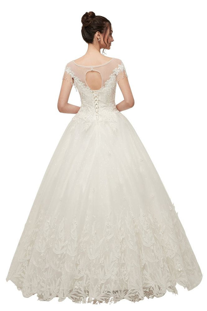 Cap Sleeves A-line Scoop Floor Length Lace Appliques Wedding Dresses