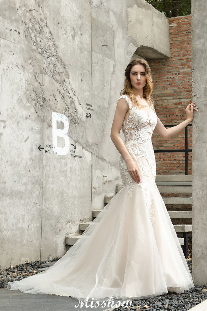 Cap Sleeves Lace Mermaid Wedding Dress White/Ivory Floral Garden Bridal Gown