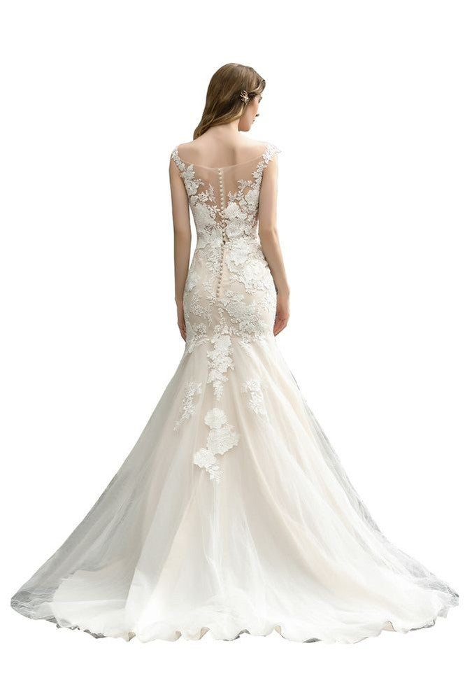 Cap Sleeves Lace Mermaid Wedding Dress White/Ivory Floral Garden Bridal Gown