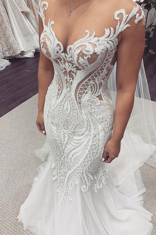 Meerjungfrau-Brautkleid mit Flügelärmeln und Spitze