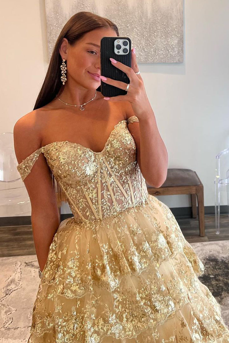 Vestido de fiesta de princesa con encaje y lentejuelas y hombros descubiertos