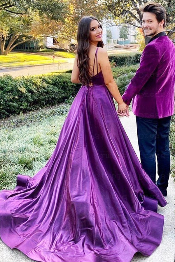 Royal Purple V-Neck Prom Gown with Spaghetti Straps and Slit
