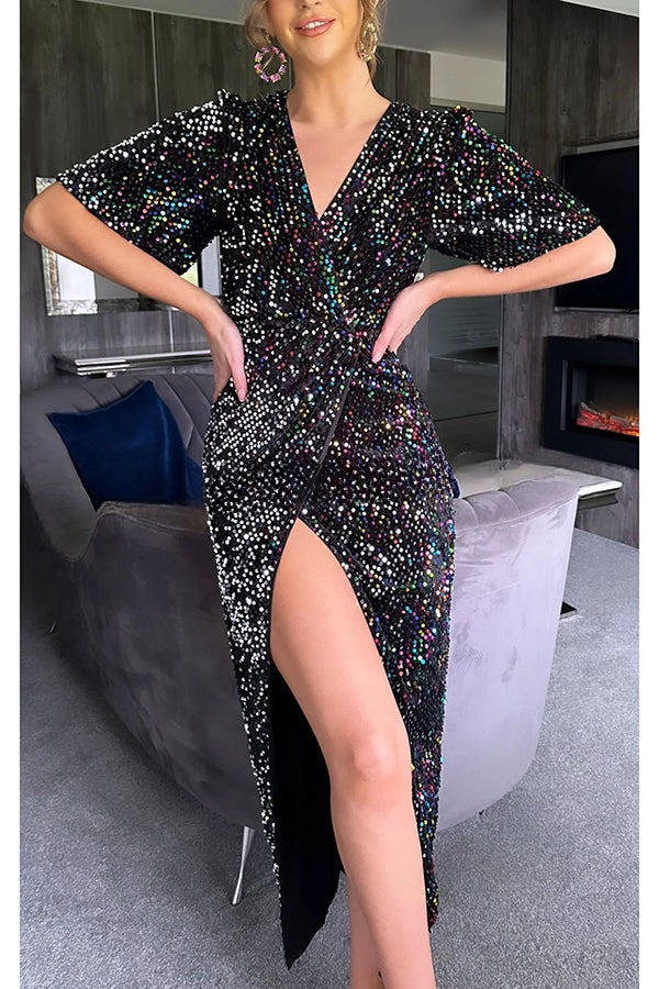 Glow All Night Pailletten-Party-Maxikleid mit Glockenärmeln und Schlitz