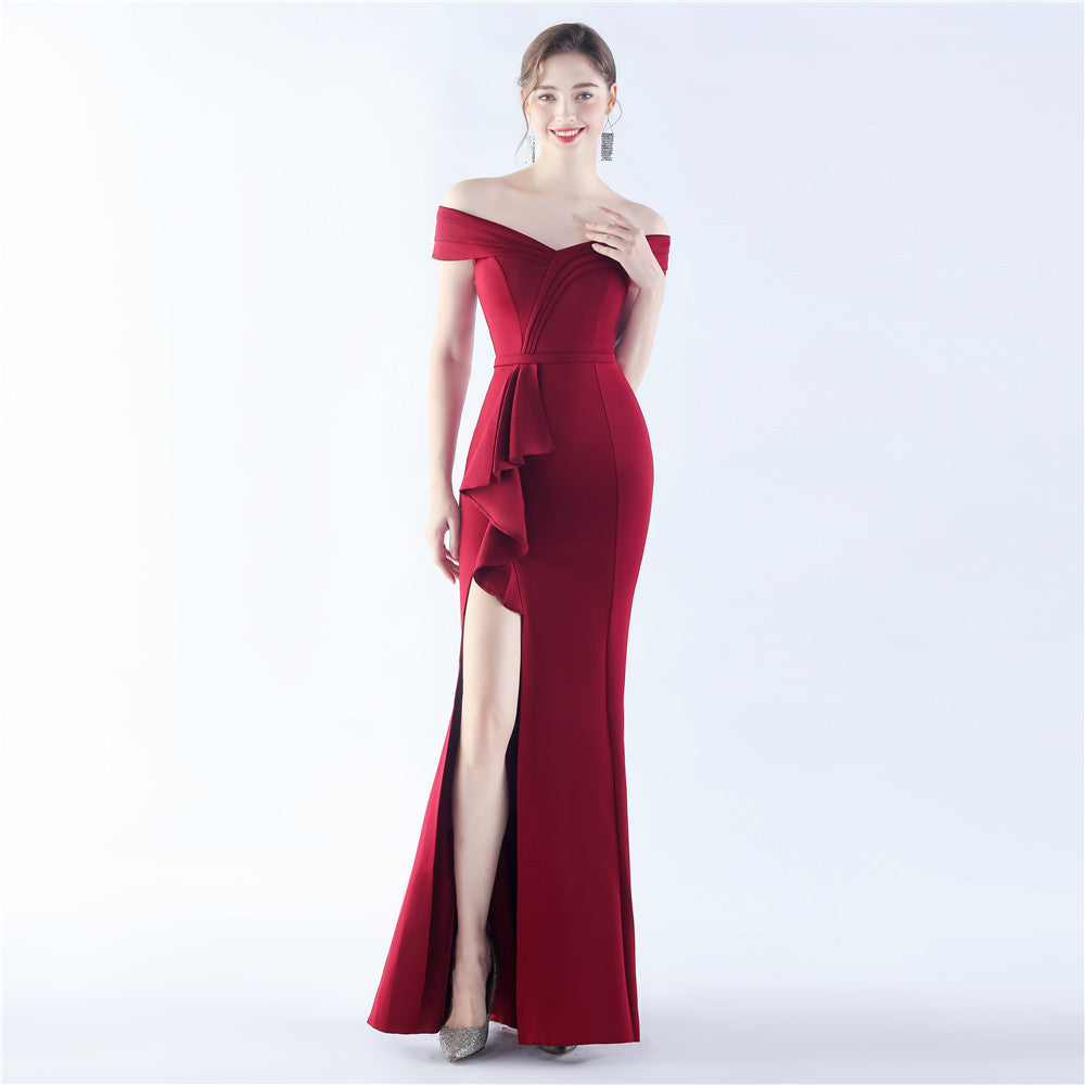 Classic Satin Off Shoulder Long Evening Dress – Elegant & Timeless