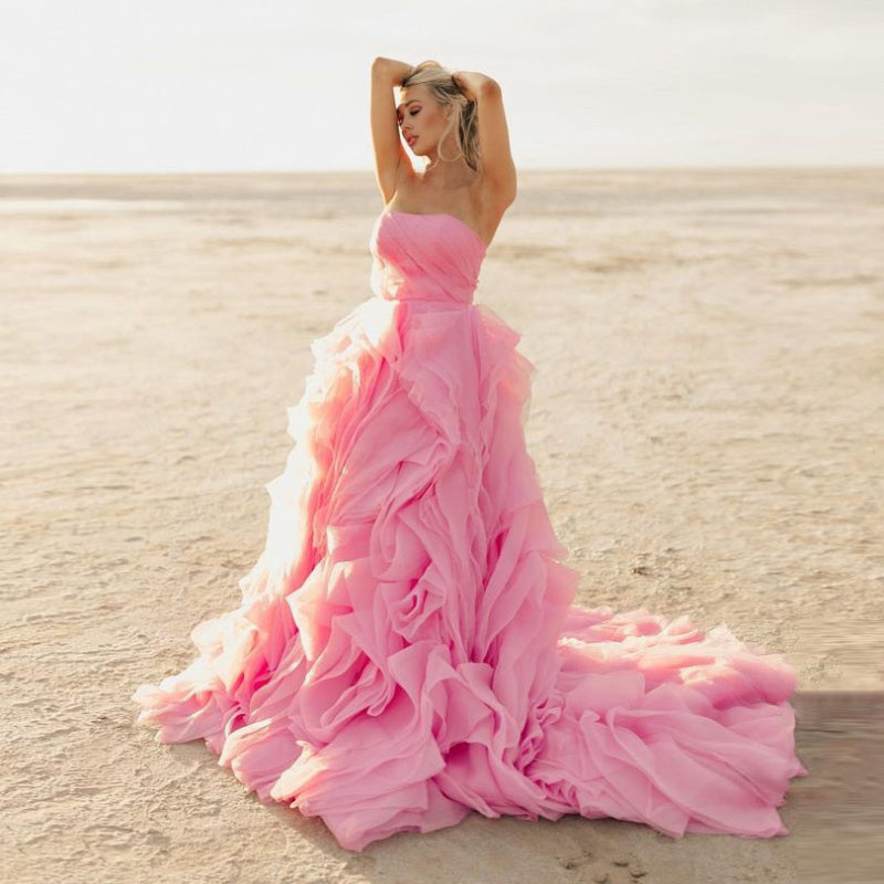 Elegant Pink Petal Ruffle Prom Party Dresses Long Strapless Bridal Photography Dress Beach Boho Maternity Photo Shoot Gowns