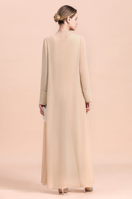 Vestido largo de gasa color champán para madre de la novia, dos piezas con chaqueta