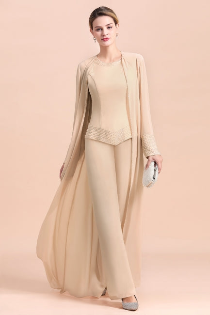 Vestido largo de gasa color champán para madre de la novia, dos piezas con chaqueta