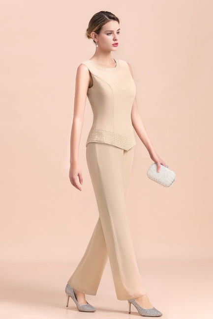 Vestido largo de gasa color champán para madre de la novia, dos piezas con chaqueta