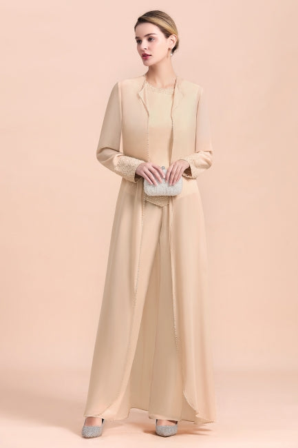 Vestido largo de gasa color champán para madre de la novia, dos piezas con chaqueta