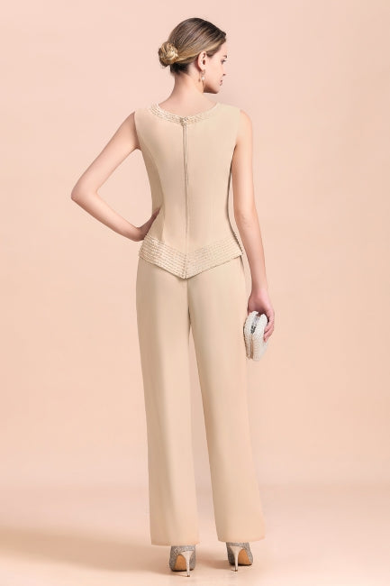 Vestido largo de gasa color champán para madre de la novia, dos piezas con chaqueta