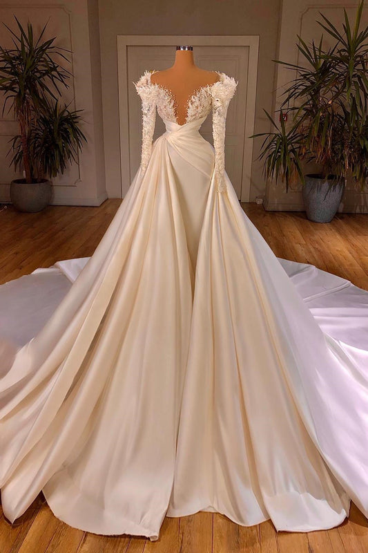 Charmantes A-Linien-Brautkleid mit Kathedrale, V-Ausschnitt und langen Ärmeln