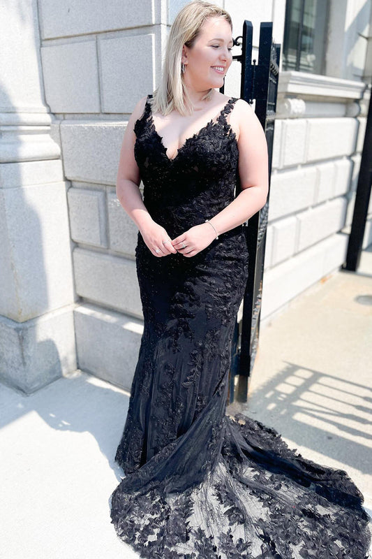 Bezauberndes langes schwarzes Meerjungfrau-Ballkleid mit V-Ausschnitt, Spitze und Tüll