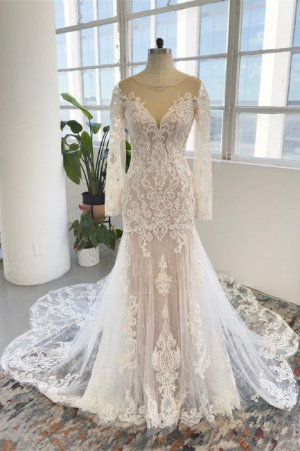 Charmantes Juwel Langarm Kapelle Meerjungfrau Brautkleid