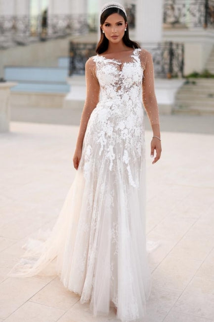 Bezauberndes langes A-Linien-Brautkleid mit Spitzenapplikationen und langen Ärmeln