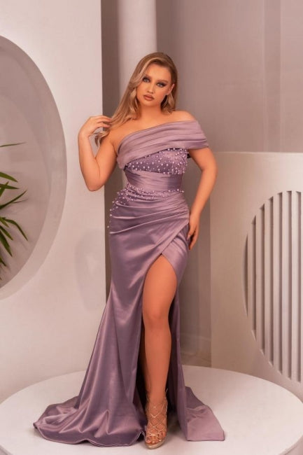 Charming Long Purple Off-the-shoulder Mermaid Sleeveless Pearls Prom Dresses With Slit