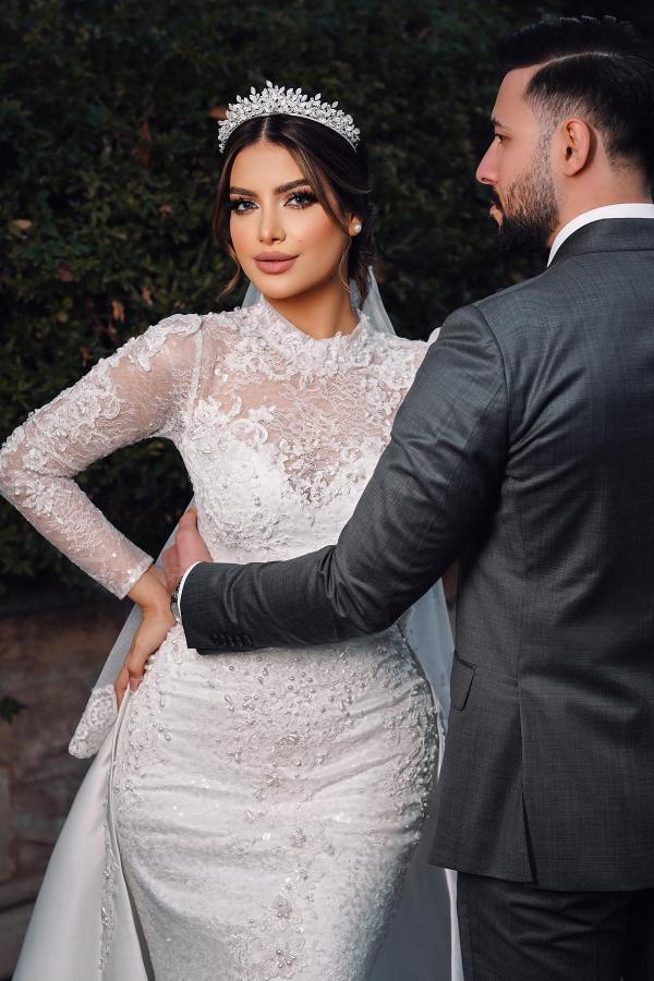 Vestido de novia encantador de sirena, de manga larga, cuello alto, encaje satinado y cola capilla