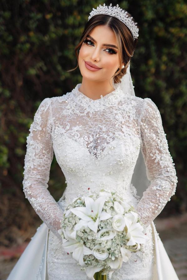Vestido de novia encantador de sirena, de manga larga, cuello alto, encaje satinado y cola capilla