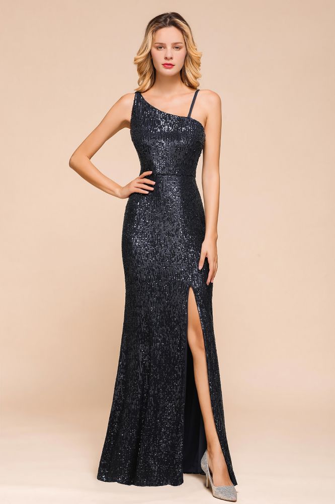 Charmantes One-Shoulder-Glitzer-Pailletten-Abend-Ballkleid mit seitlichem Schlitz