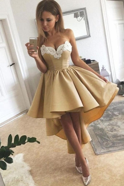 Vestido de fiesta corto sin mangas con escote en forma de corazón, encaje, corte alto y bajo, dorado, con apliques
