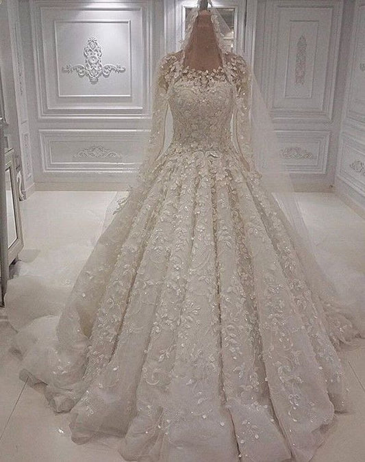 Elegante vestido de novia largo color marfil con corte A, joya, tul, apliques de encaje